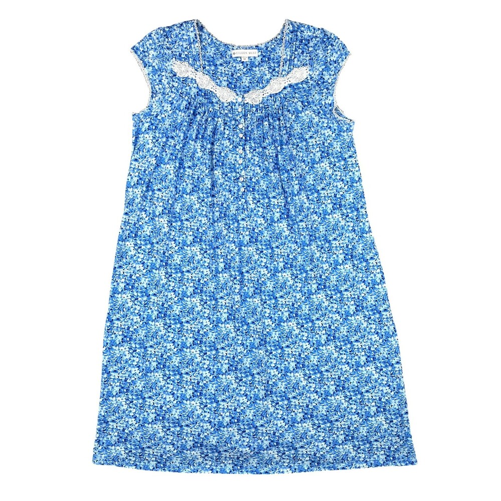 Eileen West Nightgown Size M Blue Floral Crochet Lace Detail Cotton Modal  Midi